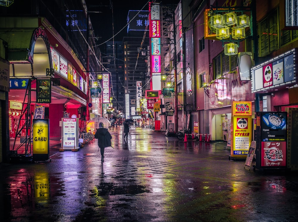 a person walking down a street in the rain