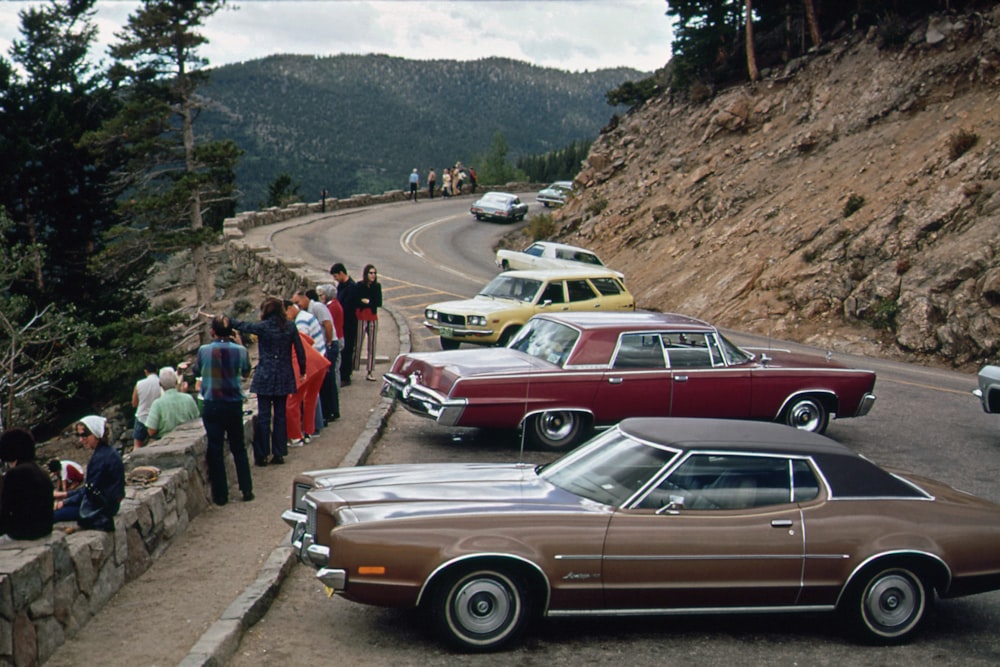 a group of people standing on the side of a road next to parked cars