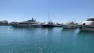 A yacht smoothly docking at a marina with a clear blue sky in the background.