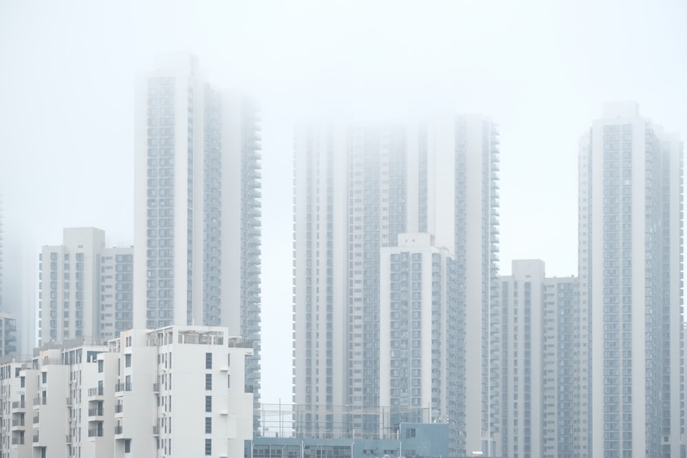 a group of tall buildings in a foggy city