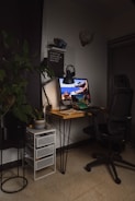 a desk with a computer and a plant on it