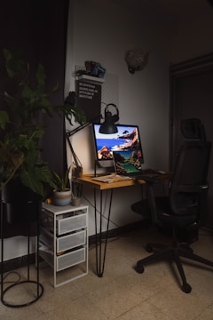 a desk with a computer and a plant on it
