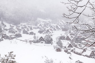 a snow covered village with a few trees in the foreground