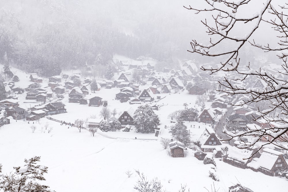 uma aldeia coberta de neve com algumas árvores em primeiro plano