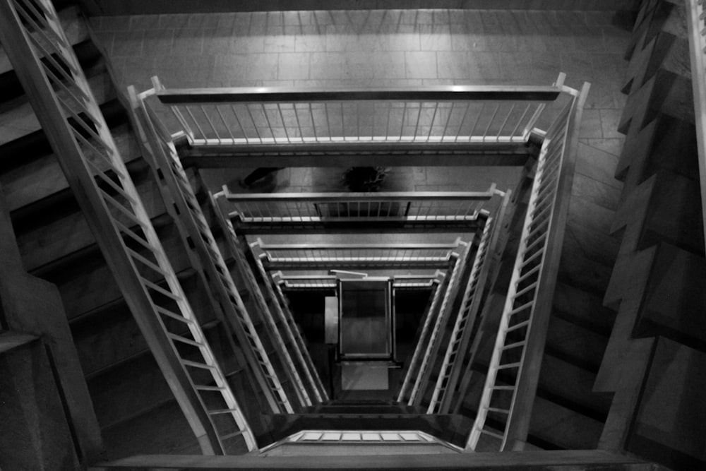 a black and white photo of a stairwell