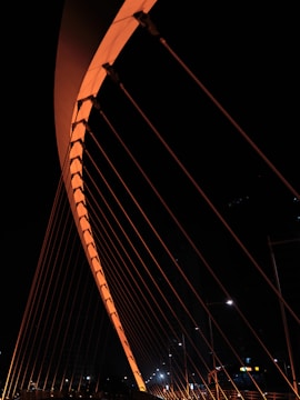 a view of a very tall bridge at night