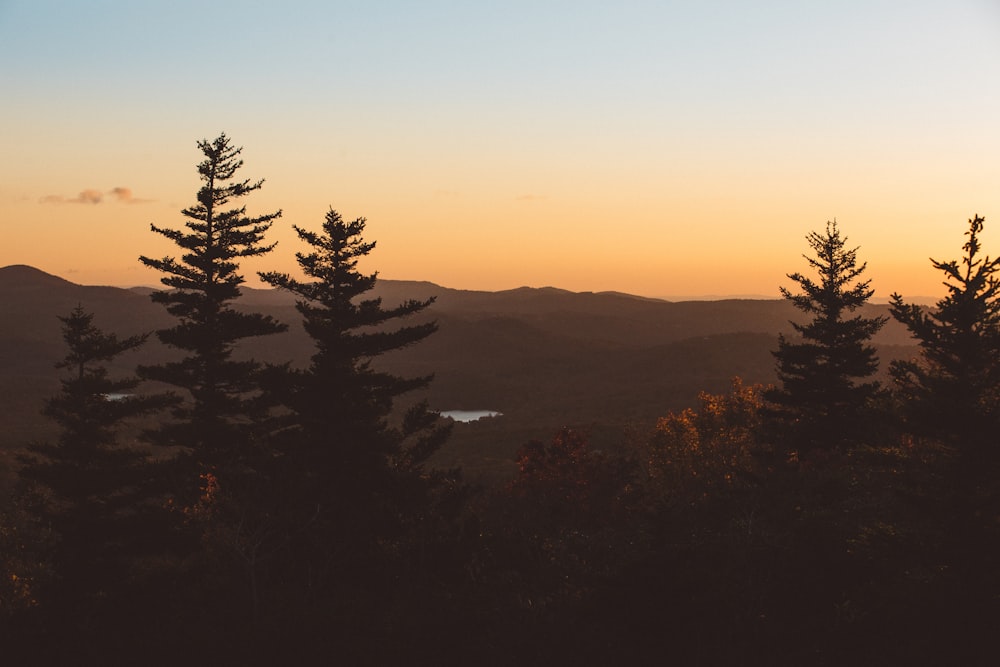 the sun is setting over the mountains and trees