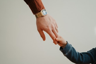 A child's hand gently holding an adult's finger, symbolizing connection and care. The adult's wrist has a watch, and their sleeve is visible, contrasting with the child's blue sleeve.