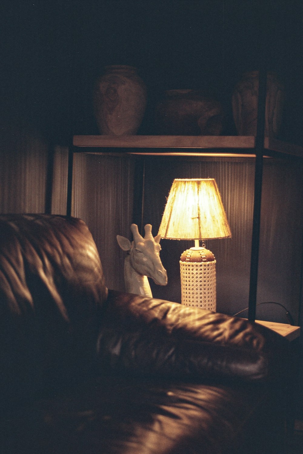 a giraffe lamp sitting on top of a leather couch