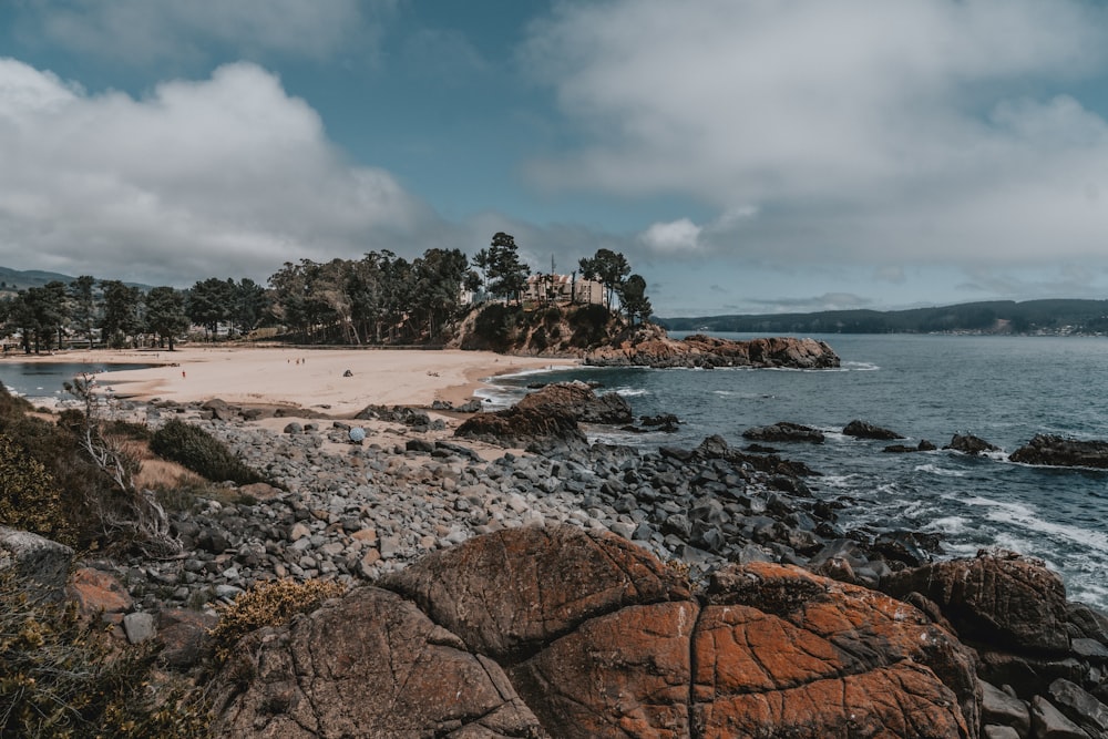 a rocky beach with a small island in the background