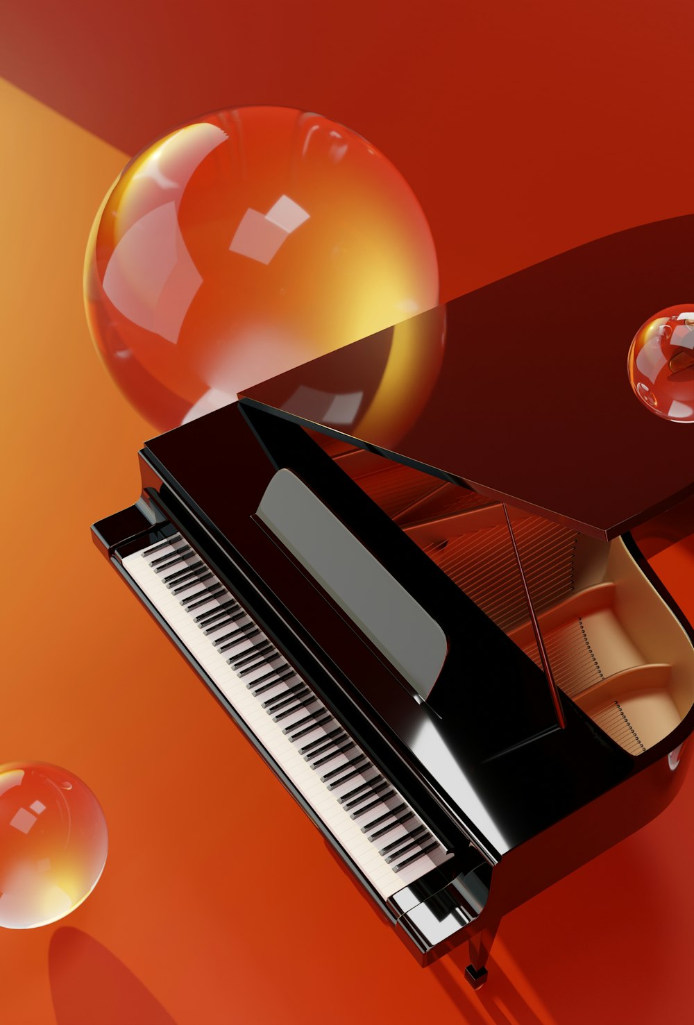 a piano and a ball on a red background