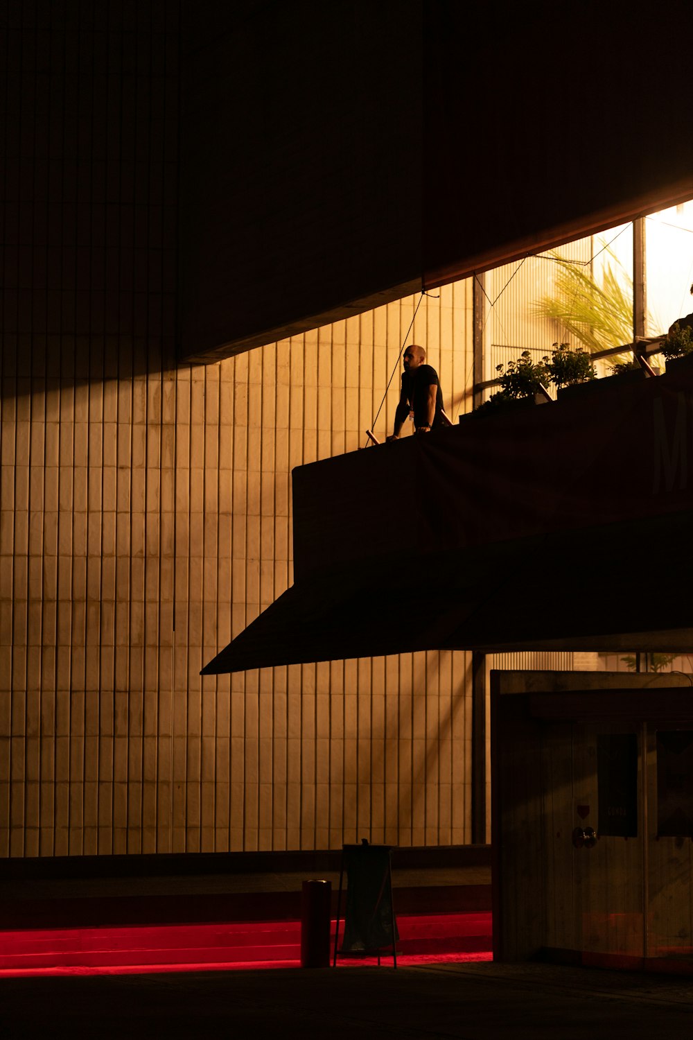 a person standing on a balcony at night