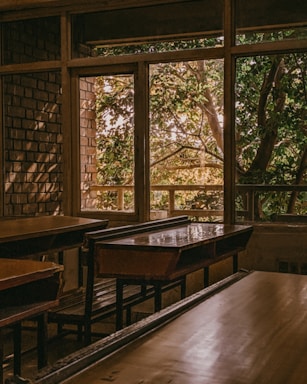 An empty classroom with wooden desks and benches is dimly lit by natural light coming through large windows. Outside, lush green trees are visible, creating a contrast with the warm tones inside.