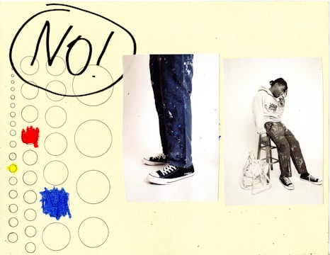 A collage consisting of two photographs and hand-drawn elements. The first photograph shows legs in paint-splattered jeans and black sneakers. The second photograph is of a person seated on a stool, wearing a hoodie and paint-splattered pants, with a bag on the floor beside them. The drawing includes circles of various sizes and the word 'No!' in large bold handwriting, with circles colored red, blue, and yellow.
