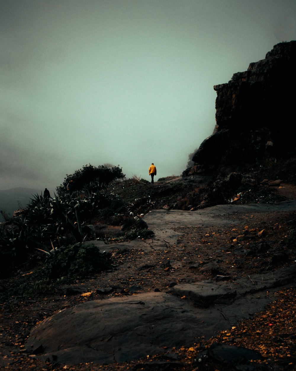 a lone person standing on a rocky trail