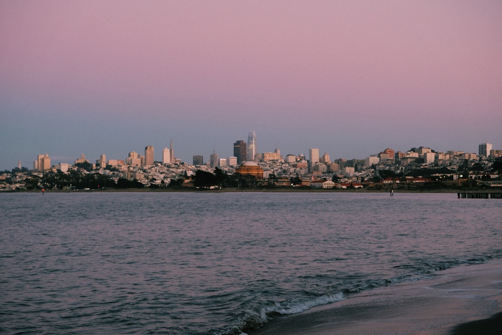 a body of water with a city in the background