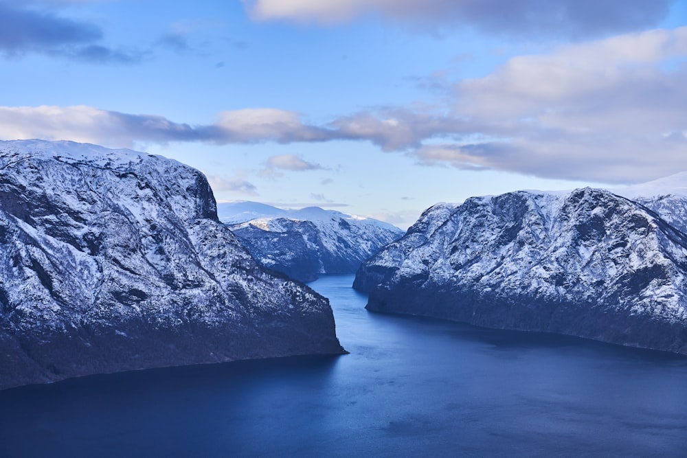 a large body of water surrounded by snow covered mountains