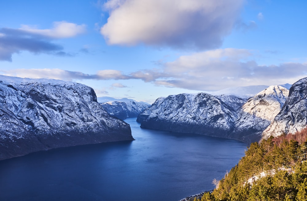 a large body of water surrounded by snow covered mountains