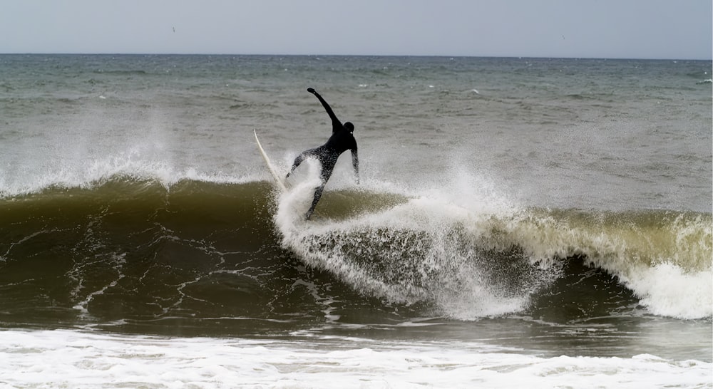 a person riding a wave on top of a surfboard