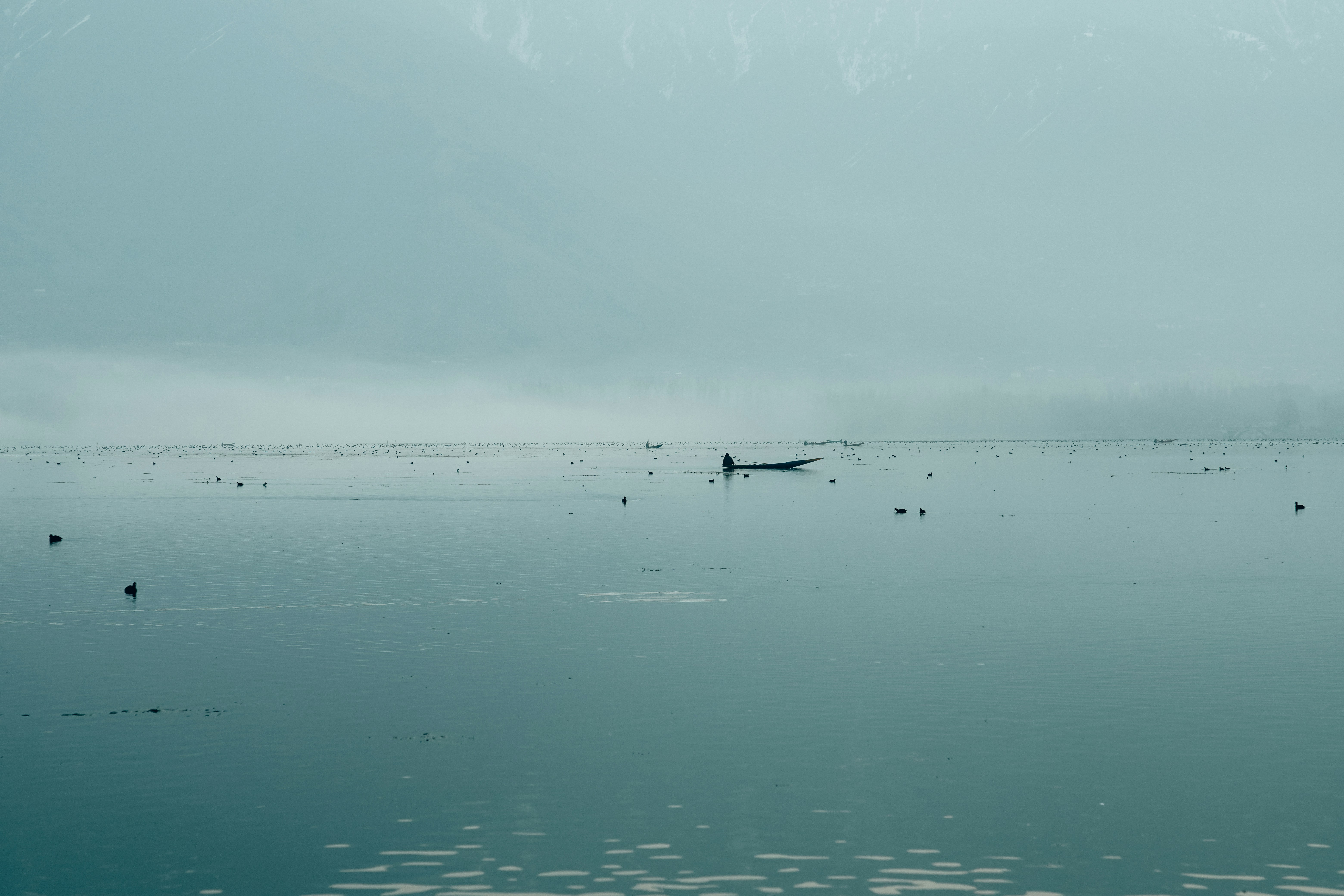 un grande specchio d'acqua con una barca in lontananza