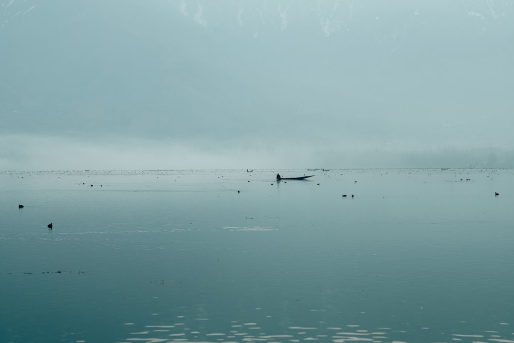 a large body of water with a boat in the distance