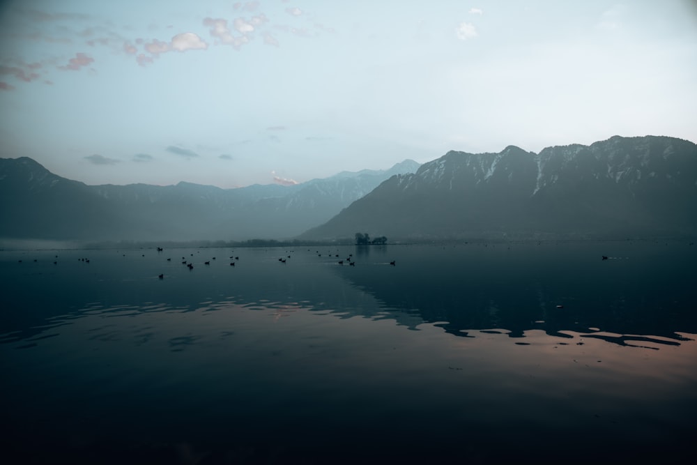 a body of water with mountains in the background