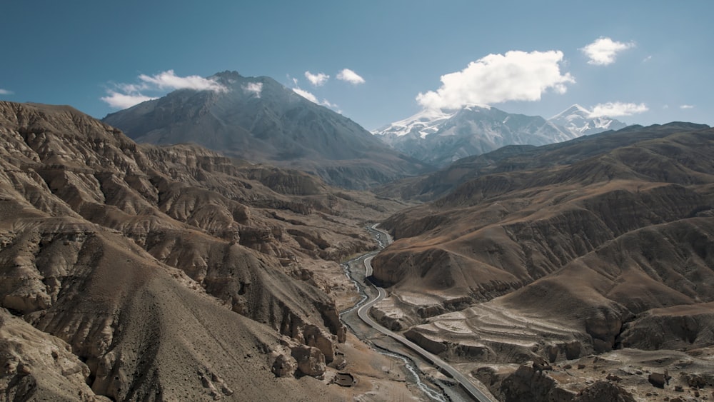 a view of a mountain valley with a river running through it