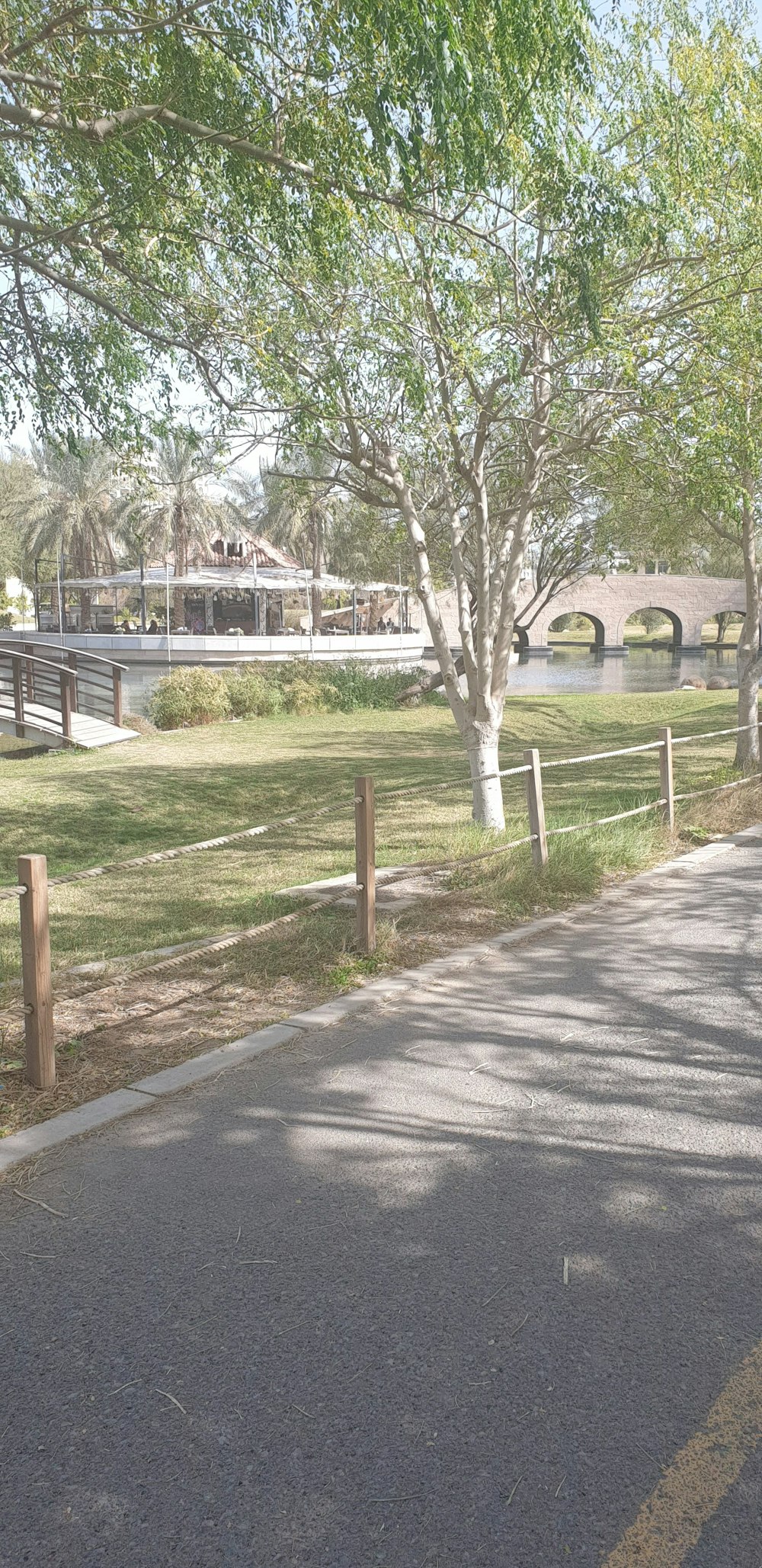 a man riding a skateboard down a street next to a park