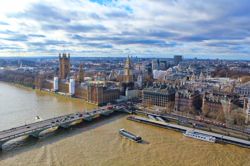 an aerial view of a river and a bridge