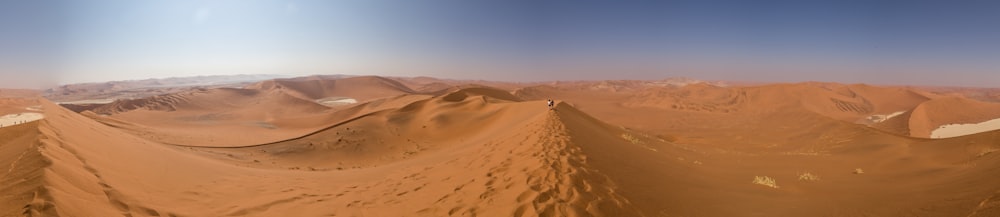 a panoramic view of a desert with sand dunes