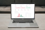 A laptop displaying a financial dashboard with various stock market graphs and data. The screen shows different stock indices and their performance, including line charts and a bar chart for market overview. The laptop is placed on a light-colored table, and a gray sofa is visible in the background.