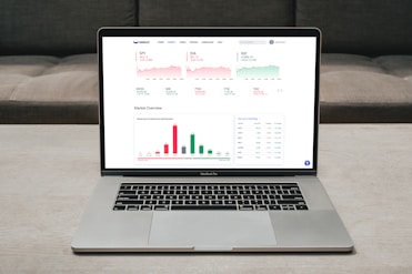 A sleek workspace showing a laptop screen with markettoolhub's AI dashboard and stock charts.