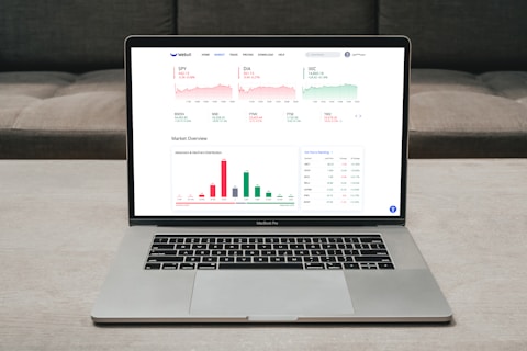 A laptop displaying a financial dashboard with various stock market graphs and data. The screen shows different stock indices and their performance, including line charts and a bar chart for market overview. The laptop is placed on a light-colored table, and a gray sofa is visible in the background.