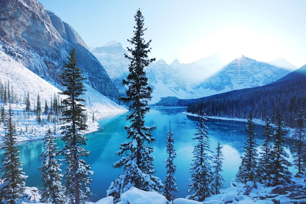 a lake surrounded by snow covered mountains and evergreen trees