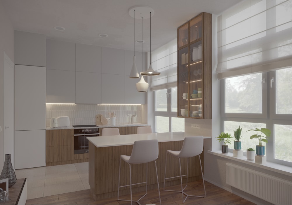 a kitchen with a table, chairs and a window