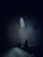 A small dog with glowing eyes stands on a concrete surface, illuminated in a dark environment. The perspective is from above, showing the feet and lower body of a person standing in front of the dog.