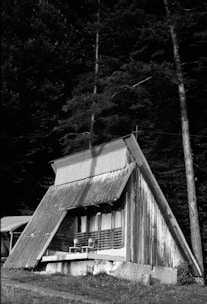 A rustic, wooden A-frame cabin stands in a forested area. The structure features weathered wood and a sloped roof, with a small porch area holding two chairs. Tall trees surround the cabin, creating a secluded and natural setting.
