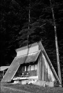A rustic, wooden A-frame cabin stands in a forested area. The structure features weathered wood and a sloped roof, with a small porch area holding two chairs. Tall trees surround the cabin, creating a secluded and natural setting.