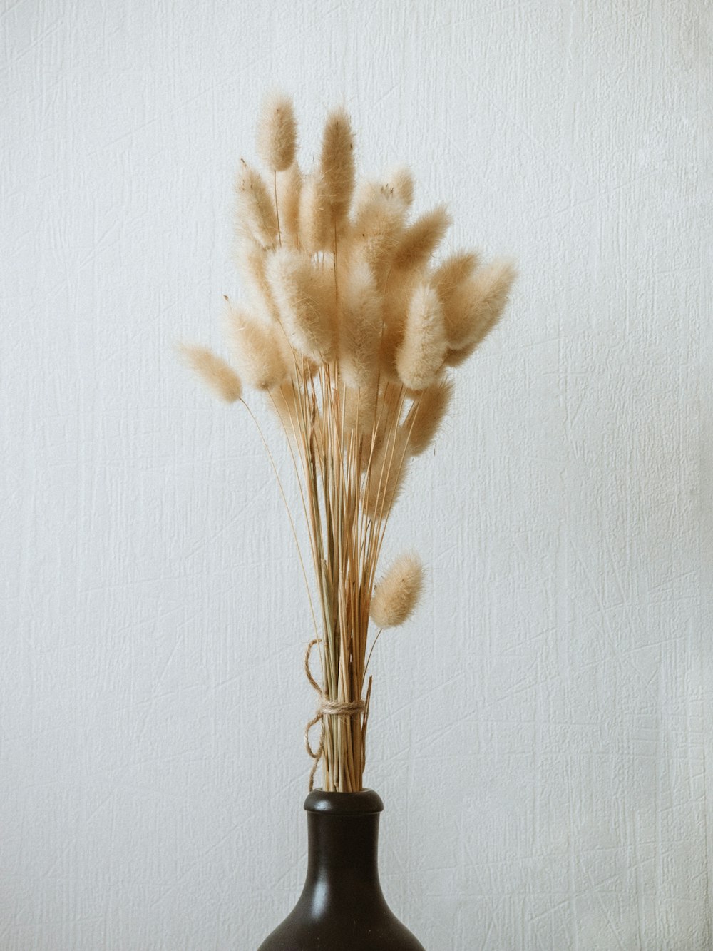 a brown vase with some dry grass in it