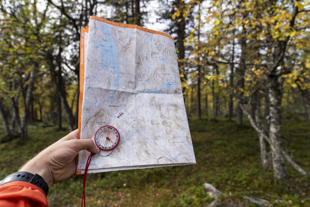 a person holding a compass in a forest