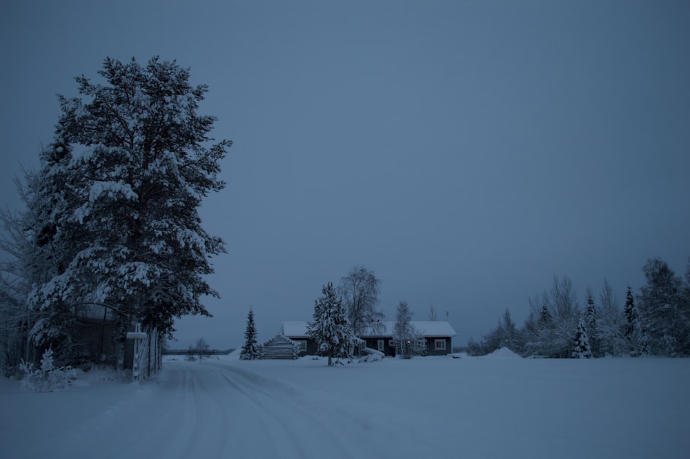 a snow covered road in front of a house