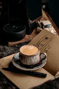 Close-up of architectural blueprints with a pen and coffee cup.