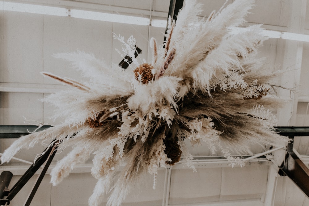 a bunch of white feathers hanging from a ceiling