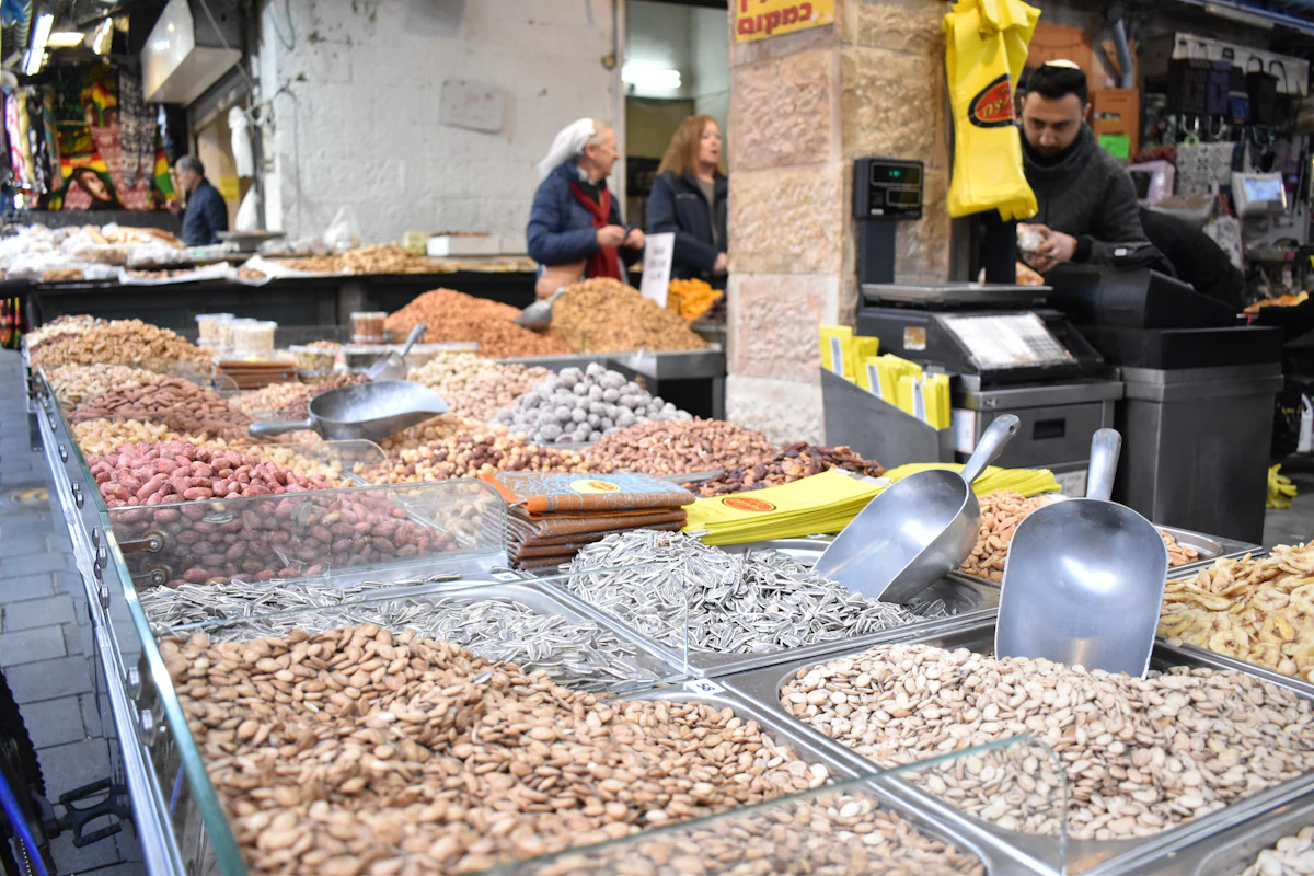 Produce and spices on a stall in Machane Yehuda market, Jerusalem