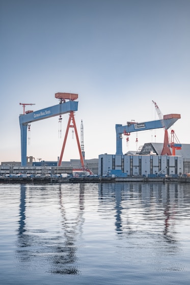 a large body of water with cranes in the background