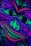 A vibrant, abstract drawing depicting a face with exaggerated eyes and a wide grin, featuring swirling patterns. The artwork is rendered in vivid neon colors including green, purple, blue, and pink against a dark background. The style is bold and expressive, using heavy black outlines to define facial features and intricate designs.