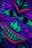 A vibrant, abstract drawing depicting a face with exaggerated eyes and a wide grin, featuring swirling patterns. The artwork is rendered in vivid neon colors including green, purple, blue, and pink against a dark background. The style is bold and expressive, using heavy black outlines to define facial features and intricate designs.