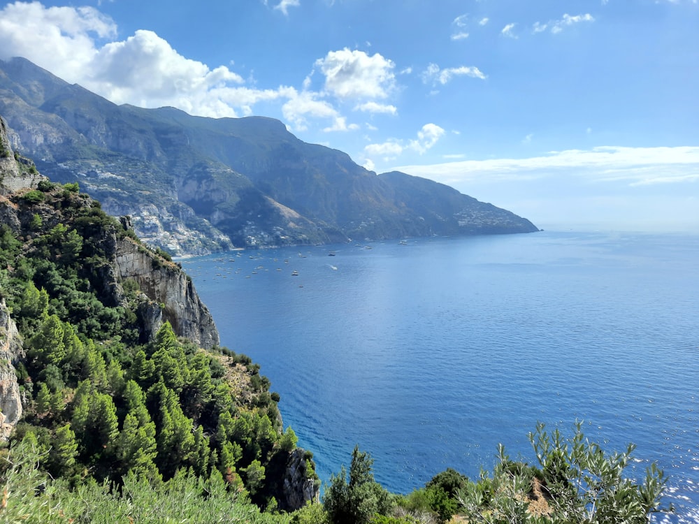 a view of a body of water with mountains in the background