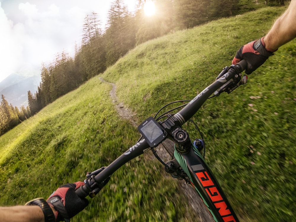 a person riding a bike down a lush green hillside