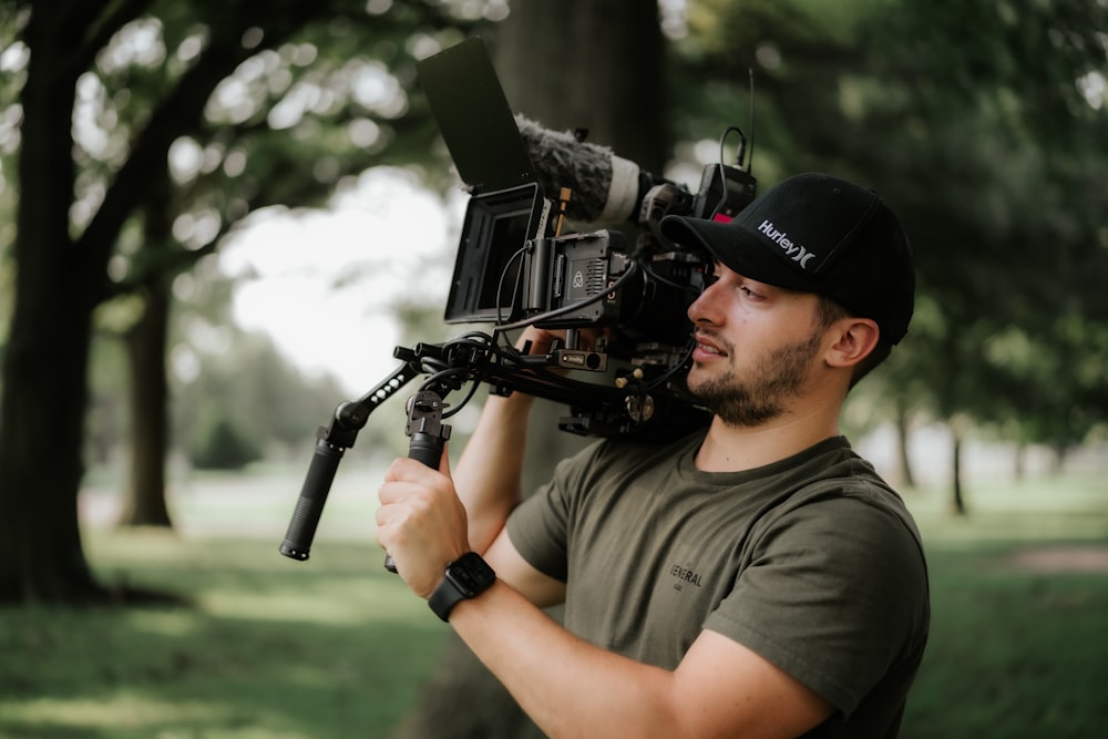 a man holding a camera in a park